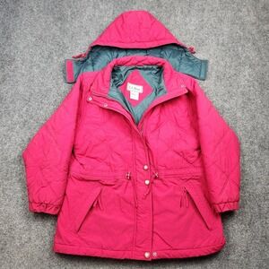 LL Bean Jacket Womens Petite Large Pink Quilted‎ Hooded Nylon Parka Coat